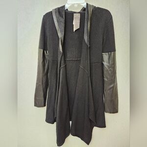 Moon Collection-‎ Black Faux Leather Trim Long Hoodie Jacket md
